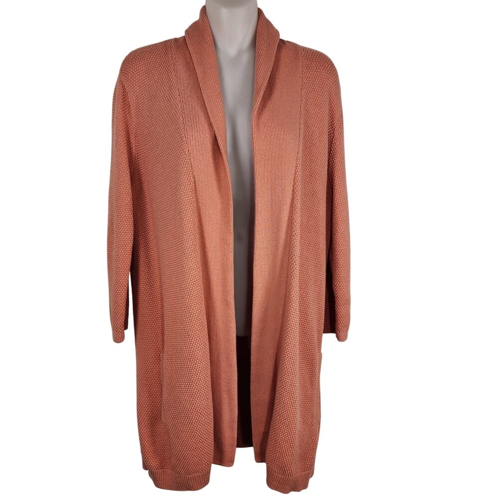 Lands' End Womens Open Front Cardigan Medium 3/4 Sleeve Textured Pockets Orange